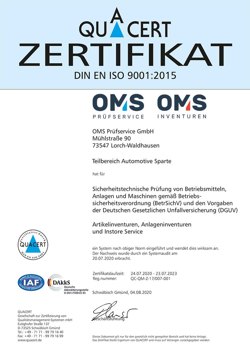 ISO 9001: 2015 zertifizierte Automotive Sparte - OMS Prüfservice GmbH