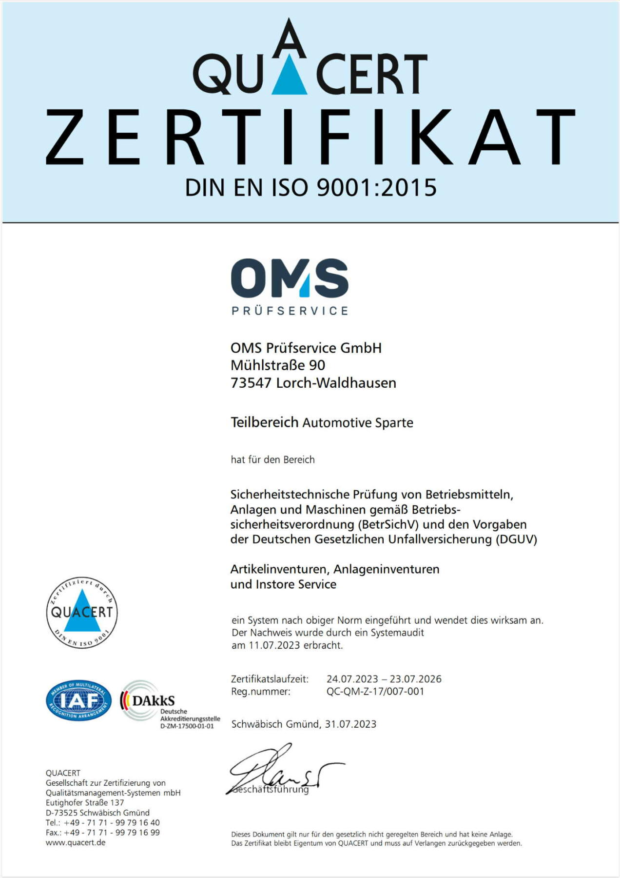 ISO 9001: 2015 zertifizierte Automotive Sparte - OMS Prüfservice GmbH